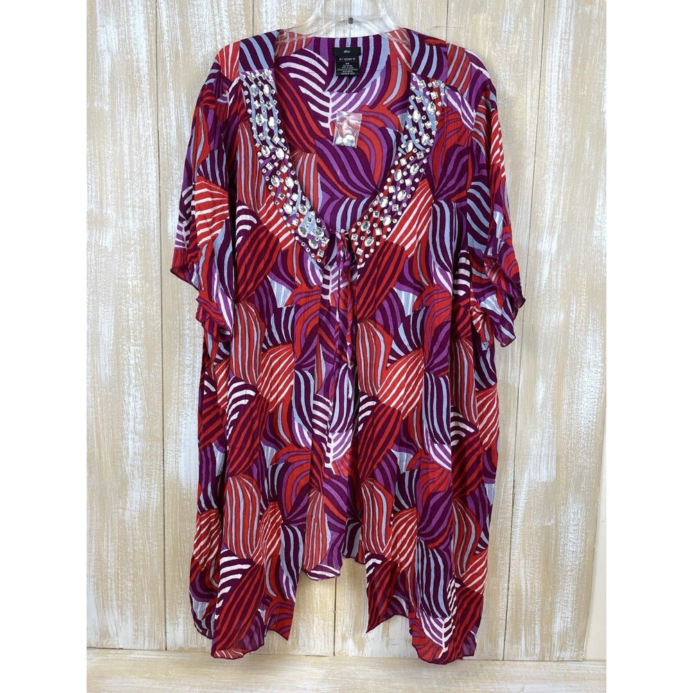 Ellos Plus Size 3x Rhinestone Womens Red & Purple Cover Up 100% Rayon NEW